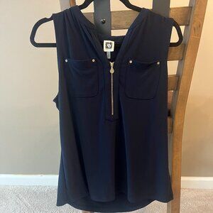 Anne Cline Navy Sleeveless Shirt with Pocket Gold Trim